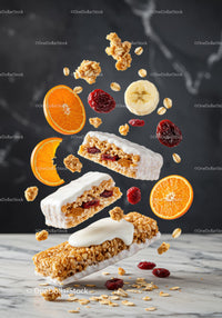 Fruit and Yogurt Coated Granola Bars with Fresh Slices