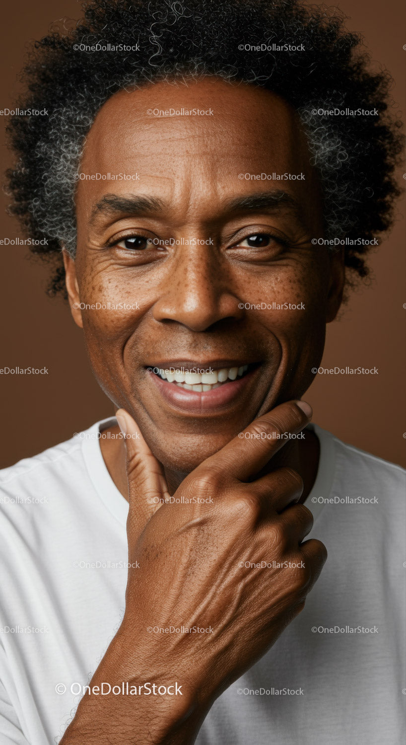 Portret uśmiechniętego dojrzałego mężczyzny z włosami afro i ciepłym wyrazem twarzy