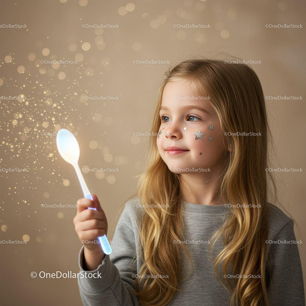 Little girl with glowing spoon and star stickers