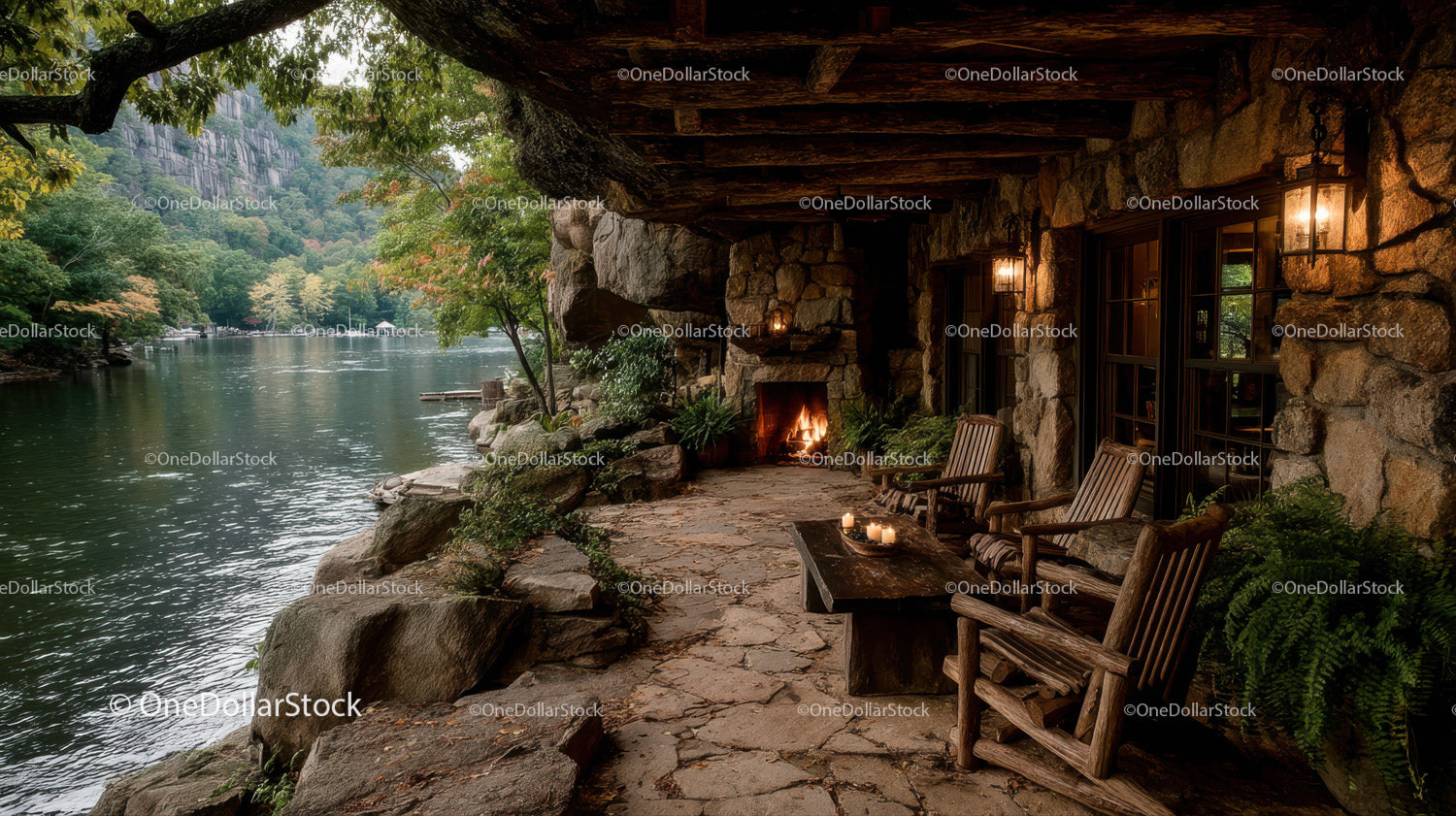 Rustic lakeside outdoor lounge with stone fireplace and scenic view