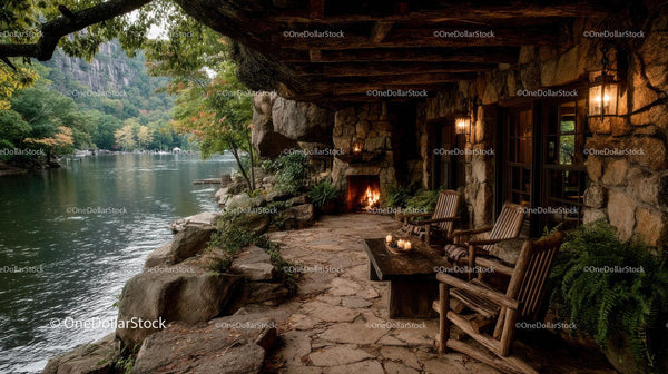 Rustic lakeside outdoor lounge with stone fireplace and scenic view