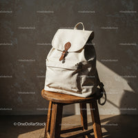 Minimalist white backpack on rustic wooden stool