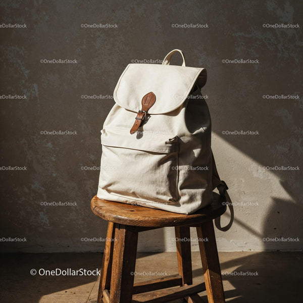 Minimalist white backpack on rustic wooden stool JPG Mockup Image
