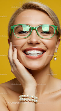 Smiling woman with green glasses and pearl accessories