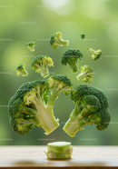 Fresh broccoli florets floating over wooden surface