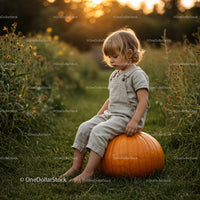 Little child sitting on pumpkin in golden hour field