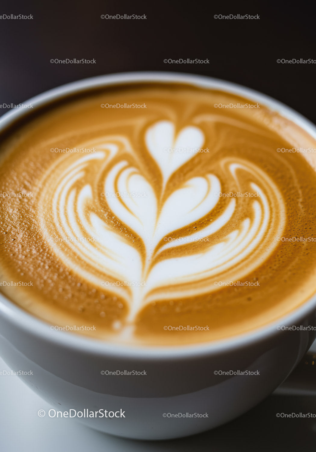 Closeup of latte art with leaf and heart design