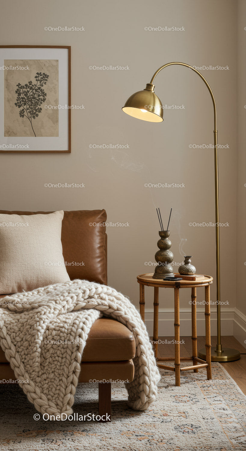 Cozy corner with leather sofa and warm knitted blanket