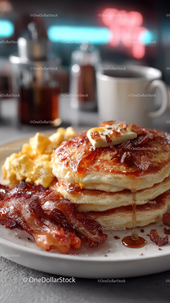 Stack of Fluffy Pancakes with Bacon and Syrup in a Cozy Cafe Setting