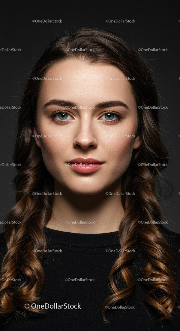 Elegancki Portret Kobiety z Brązowymi Lokami i Niebieskimi oczami