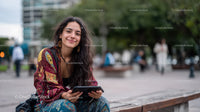 Young Woman with Long Curly Hair Sitting on Park Bench Using Tablet