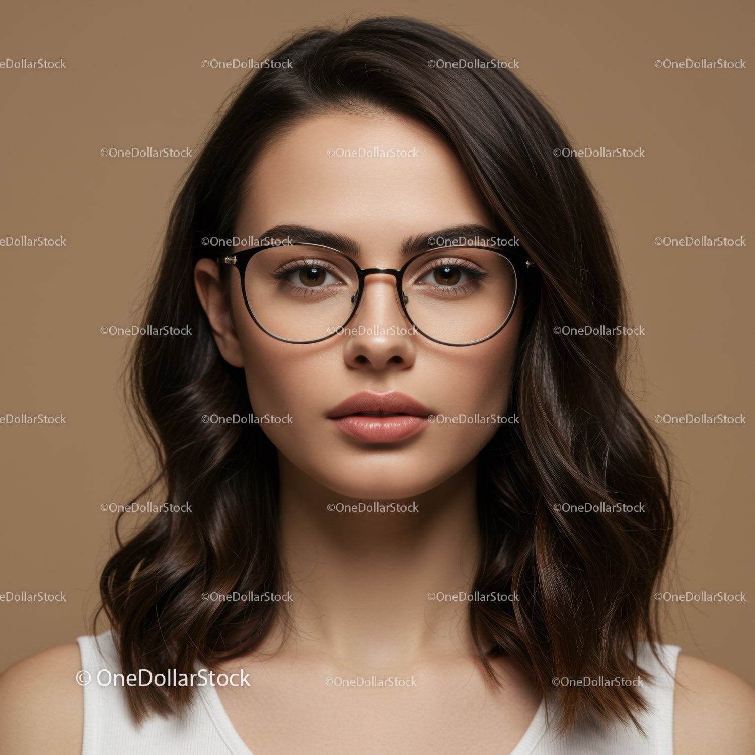 Stylish Woman with Glasses and Wavy Brown Hair in Elegant Portrait