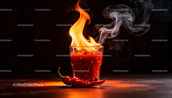 Fiery hot chili sauce with flame and smoke