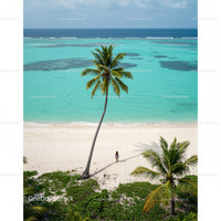 Lonely Traveler on a Tropical Beach Under a Palm Tree