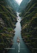 Scenic Fjord Canyon with Mountain Cliffs and Boat in Serene Water