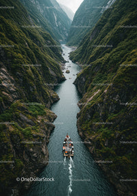 Scenic Fjord Canyon with Mountain Cliffs and Boat in Serene Water
