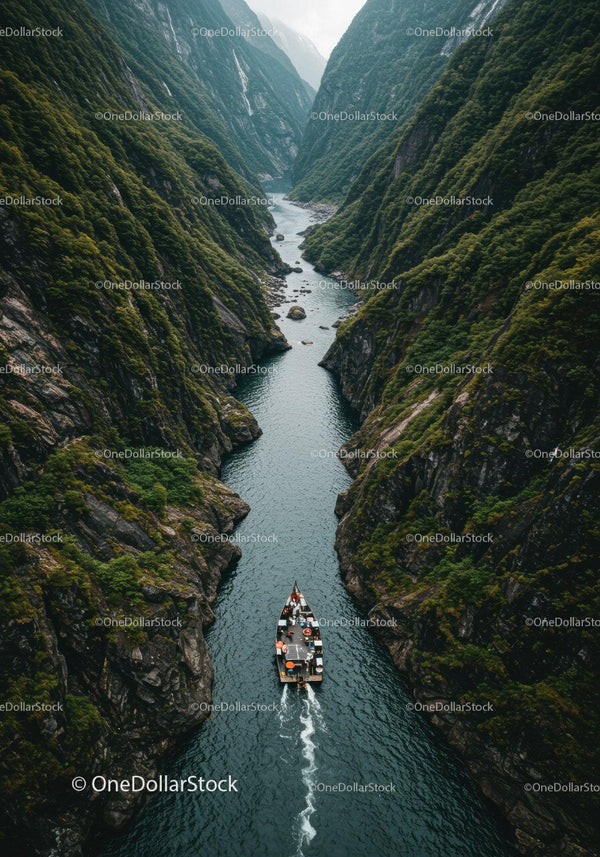 Scenic Fjord Canyon with Mountain Cliffs and Boat in Serene Water