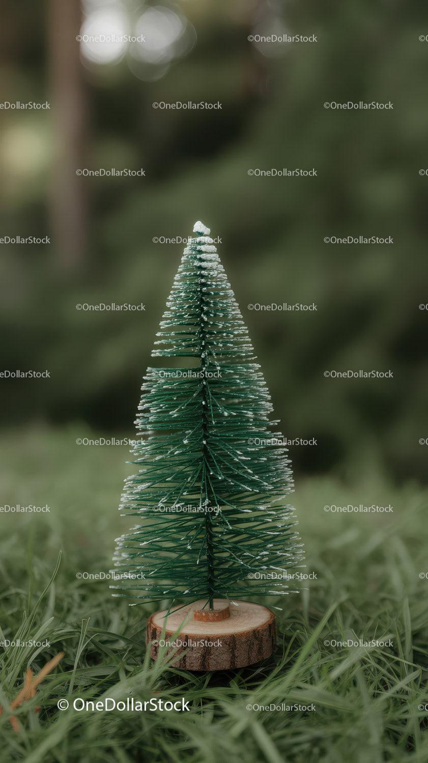 Miniature Snowy Christmas Tree on Wooden Base Outdoors