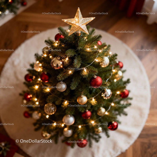 Top view of decorated Christmas tree with glowing star