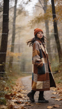 Woman in cozy patchwork coat walking in autumn forest