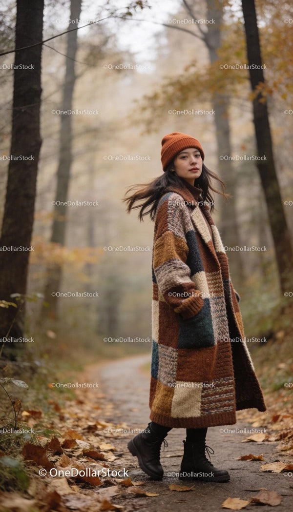 Kobieta w przytulnym płaszczu typu patchwork spacerująca po jesiennym lesie