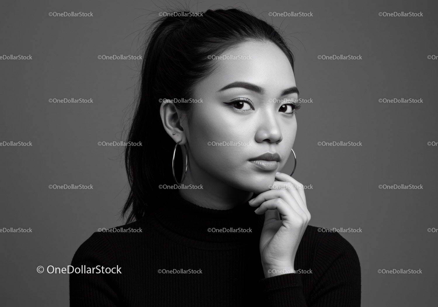 Elegant Female Portrait in Black and White with Hoop Earrings