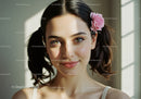 Young Woman with Pink Rose in Hair Smiling Brightly Indoor Portrait
