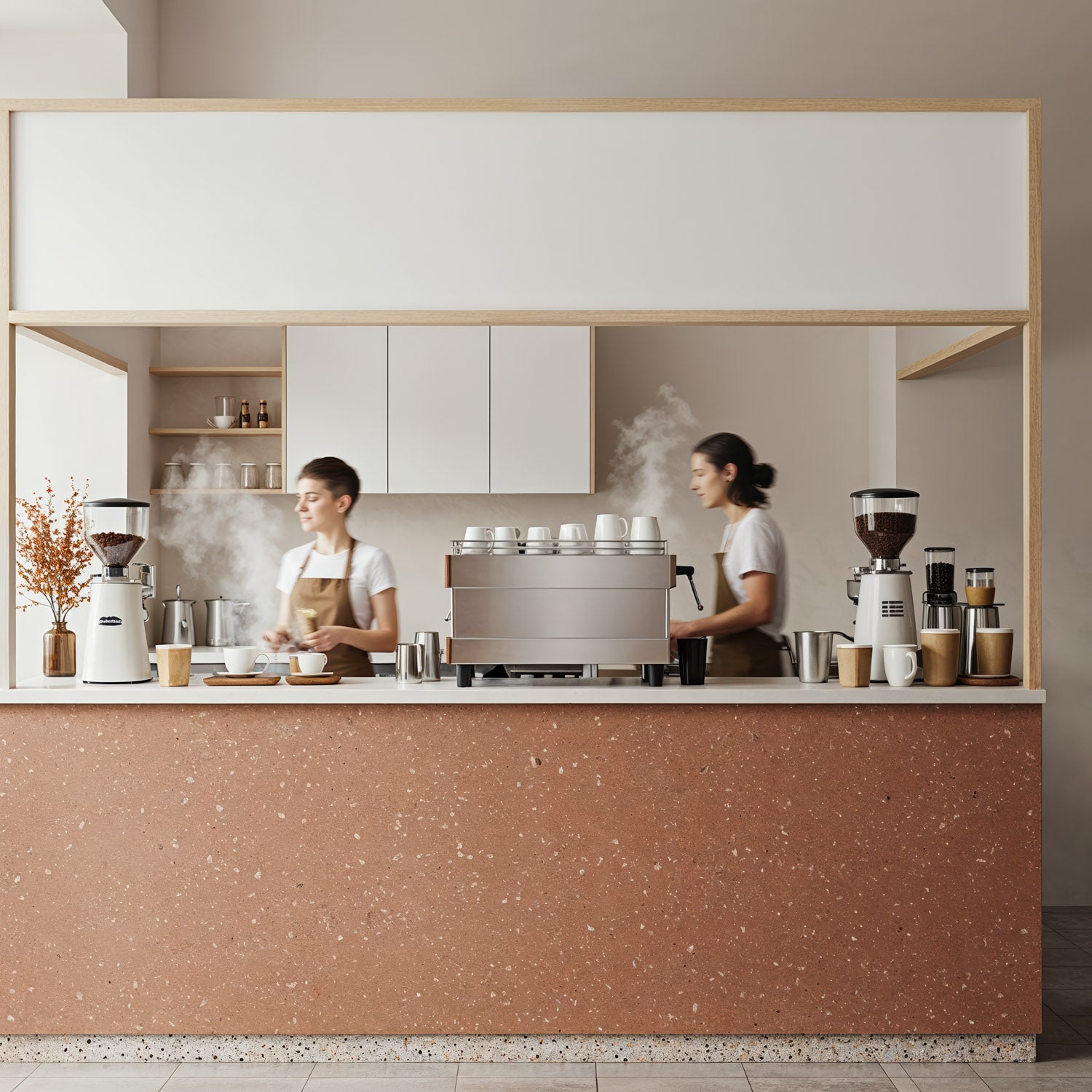Baristas Preparing Coffee in Modern Minimalist Cafe