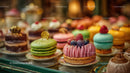 Colorful Assortment of Macarons and Pastries in a Bakery Display
