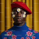 Portrait of man wearing red beret with daisy face decor