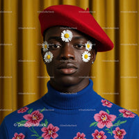 Portrait of man wearing red beret with daisy face decor
