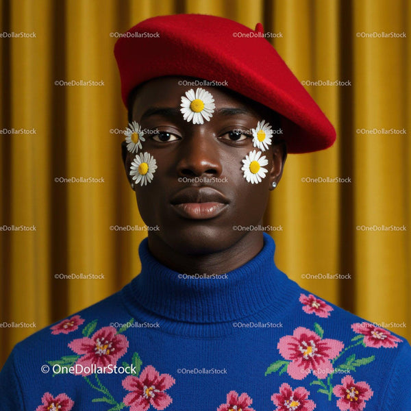 Portrait of man wearing red beret with daisy face decor