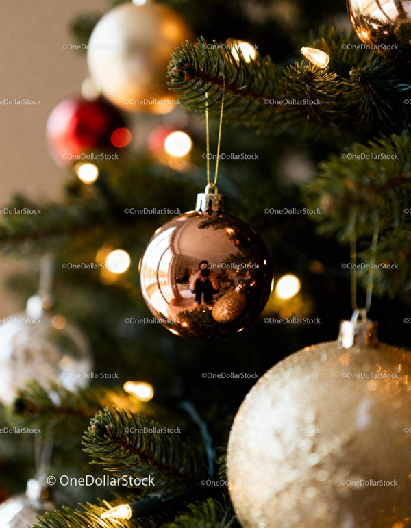 Close-up of Shiny Christmas Baubles on Pine Tree