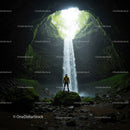 Mysterious Waterfall in Enchanted Cave Surrounded by Lush Forest