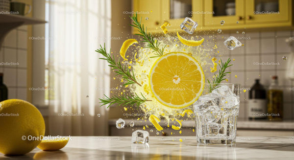 Fresh Lemon and Herb Explosion Over Icy Glass