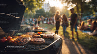 Outdoor Barbecue with Grilled Burgers and Vegetables in Park