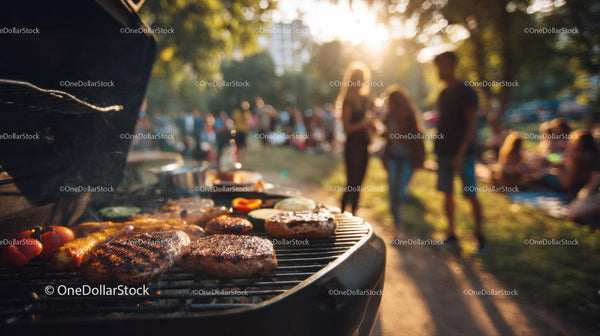 Outdoor Barbecue with Grilled Burgers and Vegetables in Park