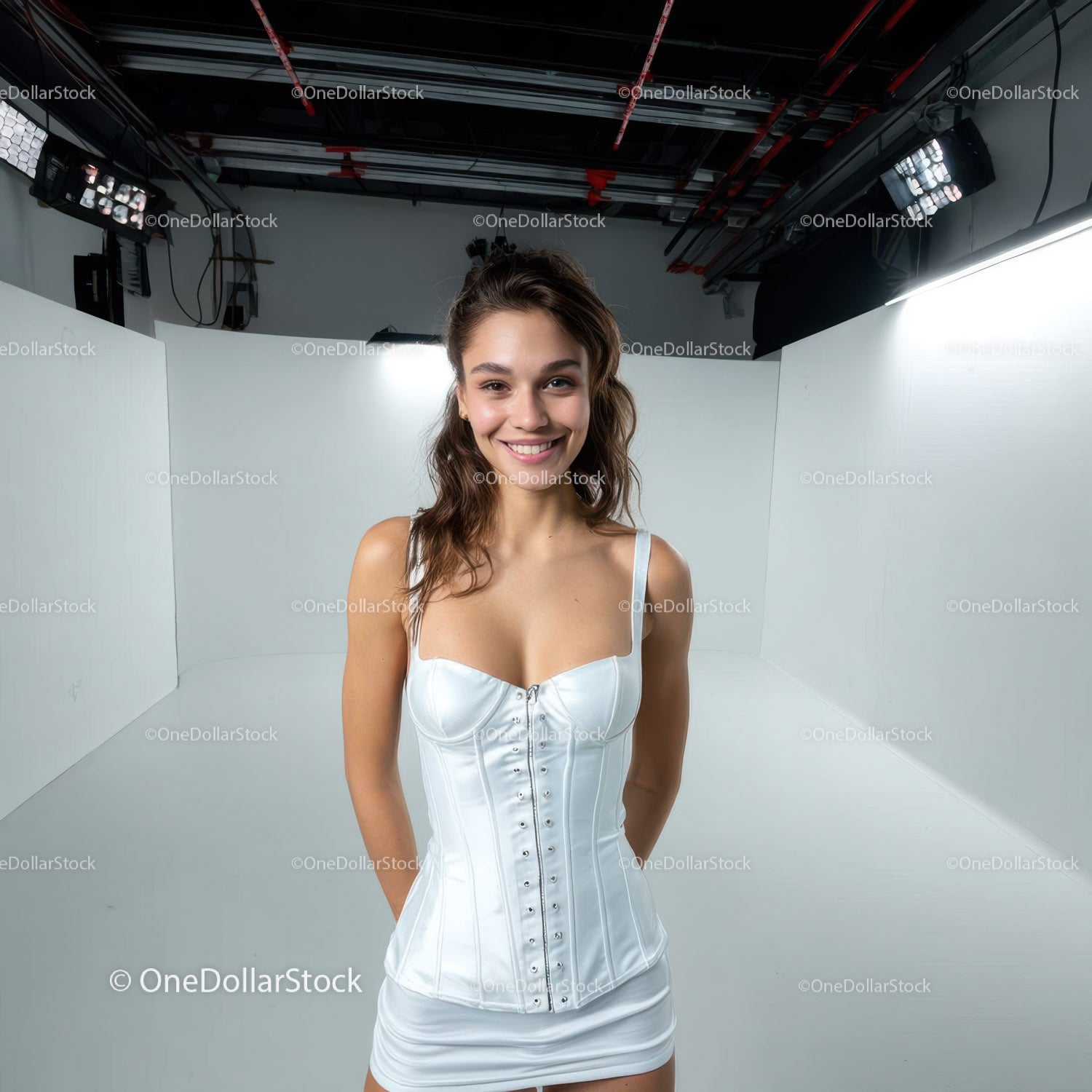 Młoda kobieta w białej sukni uśmiechająca się w studiu fotograficznym