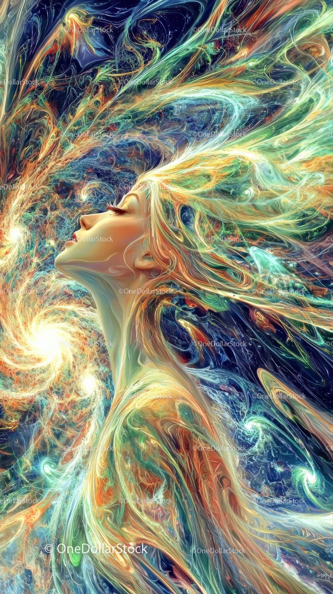 Vibrant Abstract Woman Surrounded by Cosmic Energy and Neon Swirls