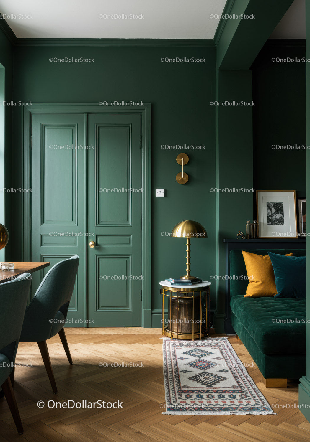 Stylish Green Living Room with Gold Accents and Velvet Couch