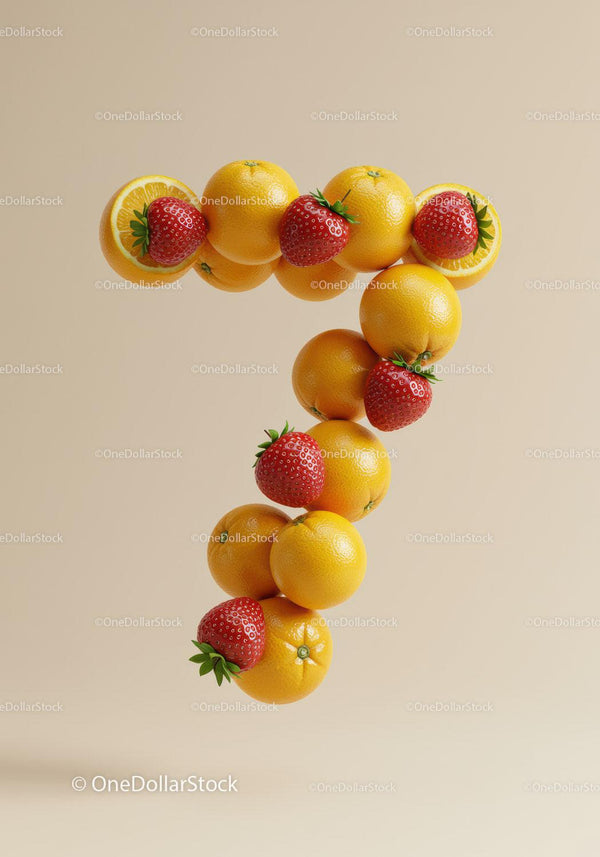 Fresh citrus and strawberries arranged as number seven
