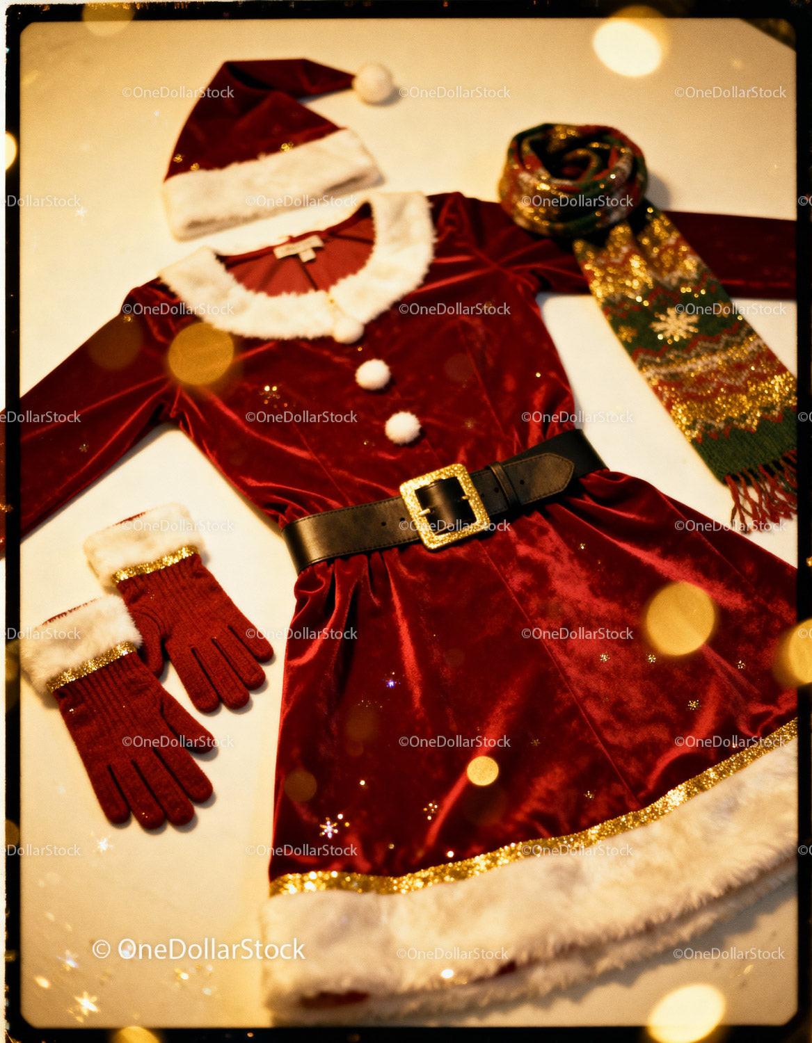 Festive Santa Dress with Gloves Scarf and Hat Set