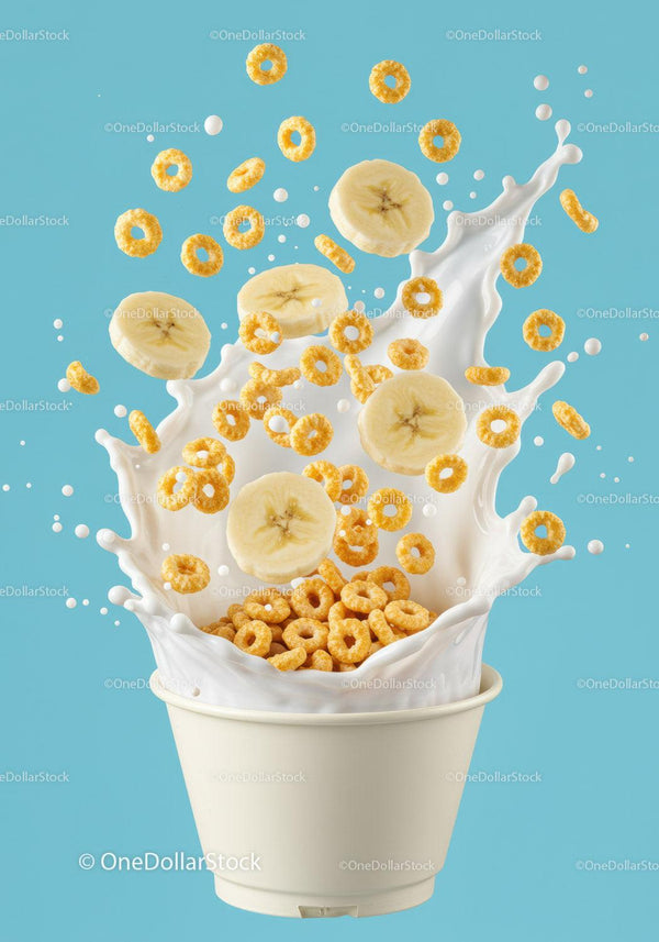 Splash of Milk with Cereal Rings and Banana Slices JPG Mockup Image