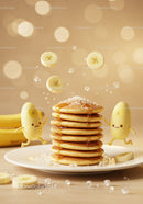 Stack of pancakes with syrup and playful banana characters