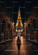 Beautiful Night View of Paris Eiffel Tower with Tourist Woman