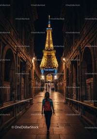 Beautiful Night View of Paris Eiffel Tower with Tourist Woman