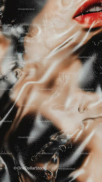 Sensual Close-up of a Woman's Face with Water Droplets and Red Lips
