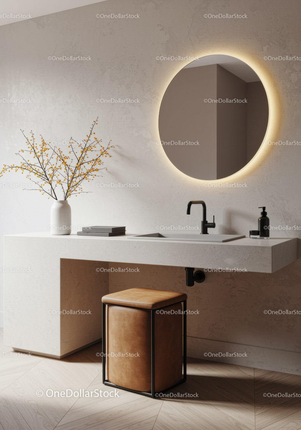 Modern Bathroom with Illuminated Round Mirror and Beige Vanity