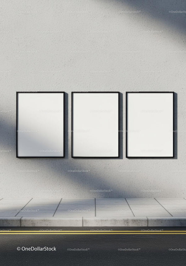 Three Blank Vertical Posters on Urban Concrete Wall JPG Mockup Image