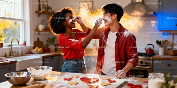 Couple Playfully Baking Heart-Shaped Cookies at Home